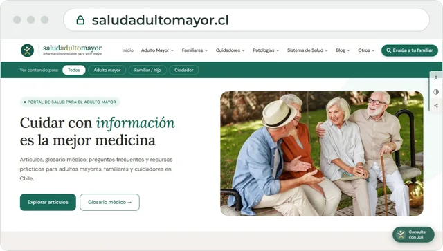 Página de inicio de saludadultomayor.cl, portal de salud para el adulto mayor